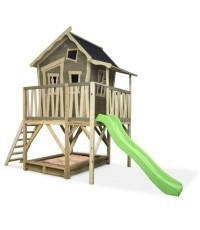 Medinis vaikų žaidimų namelis su terasa, smėlio dėže ir čiuožykle Exit Crooky 550 Grey-Beige