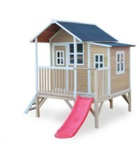 Medinis vaikų žaidimų namelis su terasa ir čiuožykle Exit Loft 350 Natural