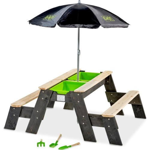EXIT Aksenta smiltis un ūdens un piknika galds (2 soliņi) ar saulessargu un dārza darbarīkiem