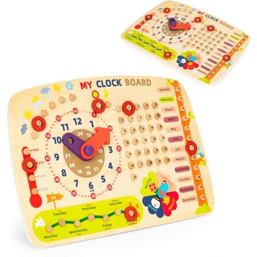 Koka manipulatīvā tāfele bērniem kalendāra pulkstenis ECOTOYS