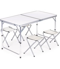 Turistinių stalų rinkinys sulankstomas stalas ir 4 kėdės baltos spalvos