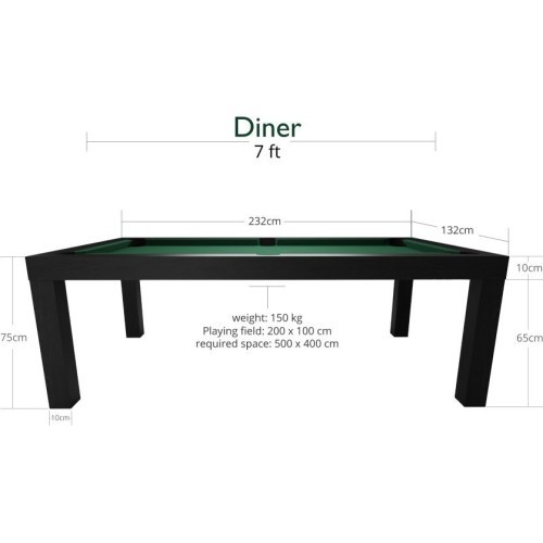 Pool Table / Dining Table, Diner, 7 ft., Matt-Black, Club Cloth yellow green