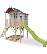 Medinis vaikų žaidimų namelis su terasa, smėlio dėže ir čiuožykle Exit Loft 750 Natural
