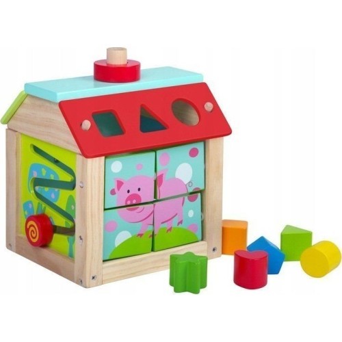 Деревянный развивающий куб-сортер с блоками Ecotoys