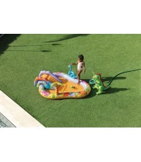 Piepūšamais bērnu baseina ūdens rotaļu laukums 201x157x69 cm slidkalniņš strūklaka dinozaurs INTEX 56139
