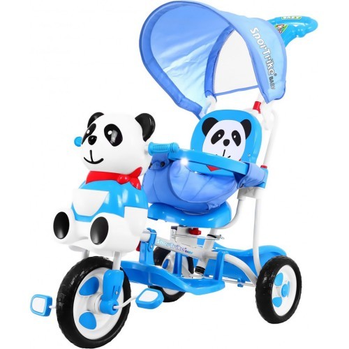Трёхколёсный детский велосипед «Panda», синий, со звуками, крышей, барьером, подножкой, ручкой и корзиной