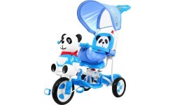 Trīsriteņu bērnu velosipēds „Panda“, zils, ar skaņām, jumtiņu, aizsargu, kāju balstu, rokturi un grozu