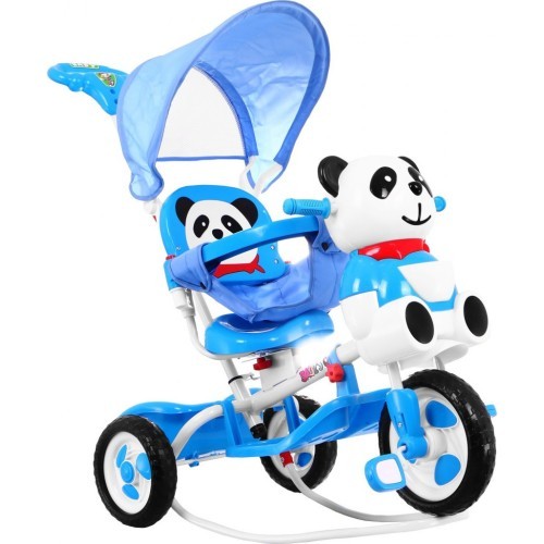 Trīsriteņu bērnu velosipēds „Panda“, zils, ar skaņām, jumtiņu, aizsargu, kāju balstu, rokturi un grozu