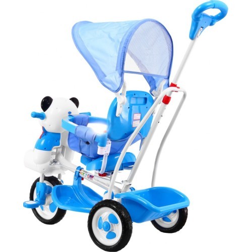 3-wheeled Panda Blue Children's Bike + Sounds + Roof + Barrier + Footrest + Handle + Storage