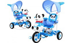Trīsriteņu bērnu velosipēds „Panda“, zils, ar skaņām, jumtiņu, aizsargu, kāju balstu, rokturi un grozu