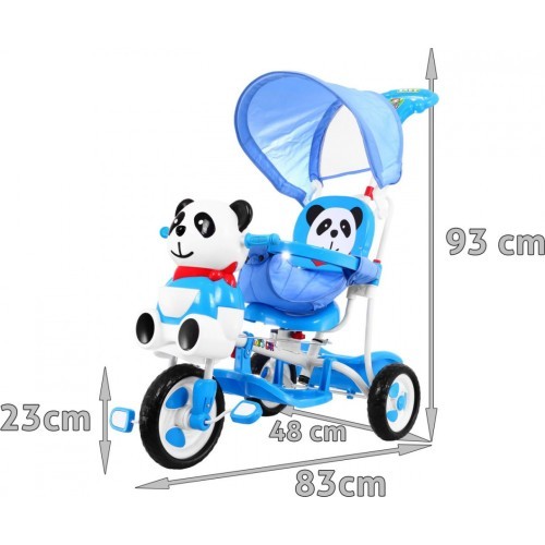 3-wheeled Panda Blue Children's Bike + Sounds + Roof + Barrier + Footrest + Handle + Storage