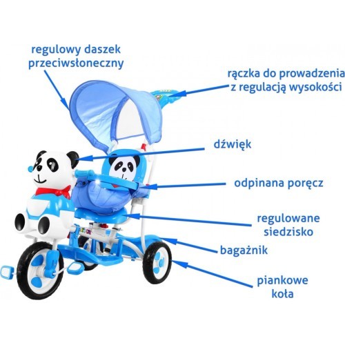 Trīsriteņu bērnu velosipēds „Panda“, zils, ar skaņām, jumtiņu, aizsargu, kāju balstu, rokturi un grozu