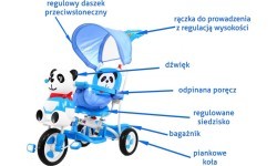 Трёхколёсный детский велосипед «Panda», синий, со звуками, крышей, барьером, подножкой, ручкой и корзиной
