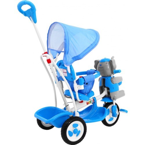 3-wheeled Blue Elephant Children's Bike + Sounds + Roof + Barrier + Footrest + Handle + Storage