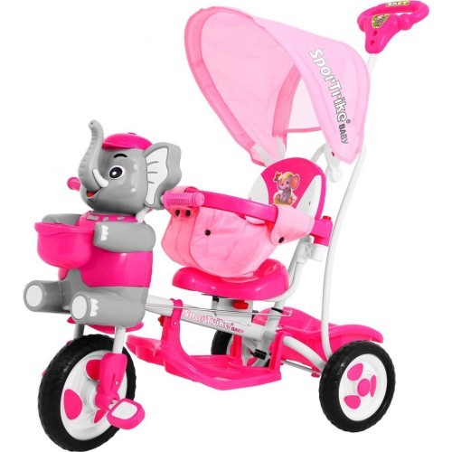 Trīsriteņu bērnu velosipēds Elephant Pink + skaņas + jumtiņš + barjera + kāju balsts + rokturis + soma