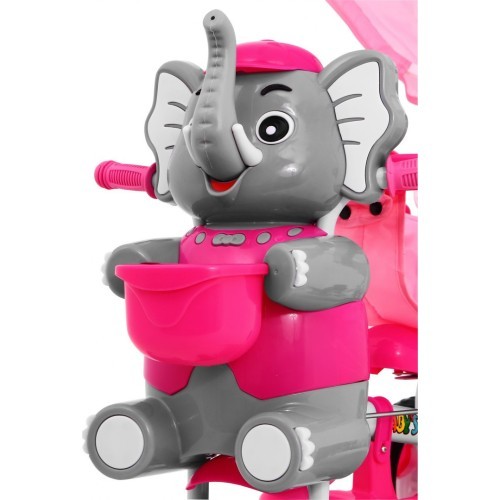 Трёхколёсный детский велосипед Elephant Pink + звуки + крыша + барьер + подножка + ручка + корзина