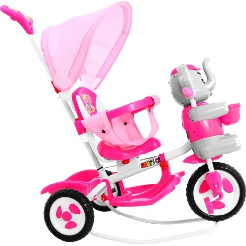 Трёхколёсный детский велосипед Elephant Pink + звуки + крыша + барьер + подножка + ручка + корзина