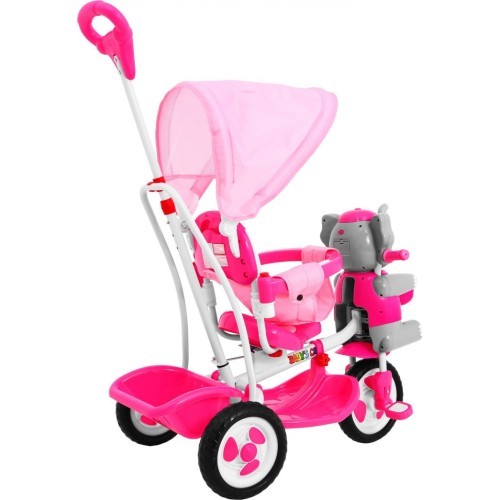 Trīsriteņu bērnu velosipēds Elephant Pink + skaņas + jumtiņš + barjera + kāju balsts + rokturis + soma