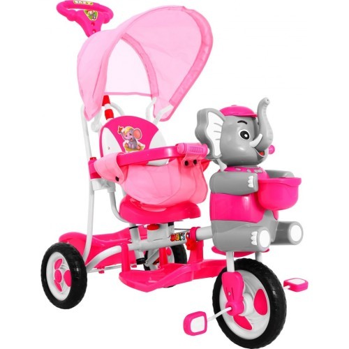 Trīsriteņu bērnu velosipēds Elephant Pink + skaņas + jumtiņš + barjera + kāju balsts + rokturis + soma