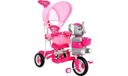Трёхколёсный детский велосипед Elephant Pink + звуки + крыша + барьер + подножка + ручка + корзина