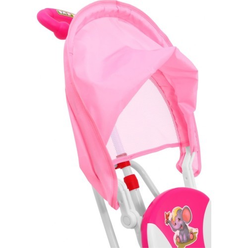 Trīsriteņu bērnu velosipēds Elephant Pink + skaņas + jumtiņš + barjera + kāju balsts + rokturis + soma
