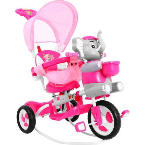 Trīsriteņu bērnu velosipēds Elephant Pink + skaņas + jumtiņš + barjera + kāju balsts + rokturis + soma