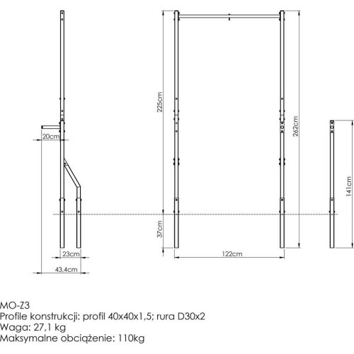 Ārējais pievilkšanās stienis ar maisiņu turētāju un īsām margām MO-Z3 - Marbo Sport
