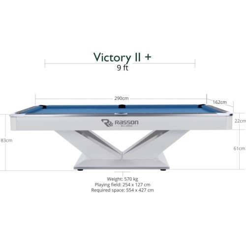 Billiard Table, Pool, Rasson Victory II Plus, White, 9 ft., Simonis 760 blue green