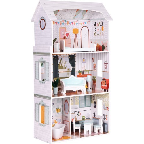 Кукольный домик Alice ECOTOYS, 3 этажа, 4 комнаты, набор из 9 предметов мебели