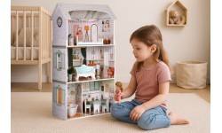 Кукольный домик Alice ECOTOYS, 3 этажа, 4 комнаты, набор из 9 предметов мебели