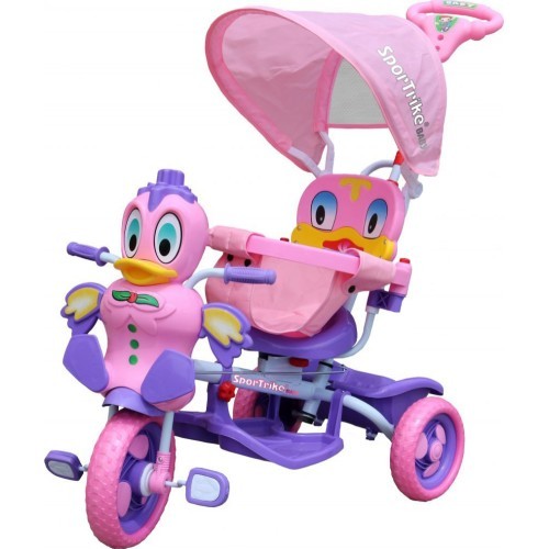 Trīsriteņu bērnu velosipēds Violetā pīle + skaņas + jumtiņš + aizsargs + kāju balsts + rokturis + grozs