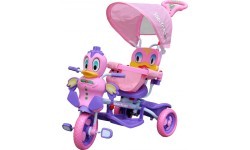 Trīsriteņu bērnu velosipēds Violetā pīle + skaņas + jumtiņš + aizsargs + kāju balsts + rokturis + grozs