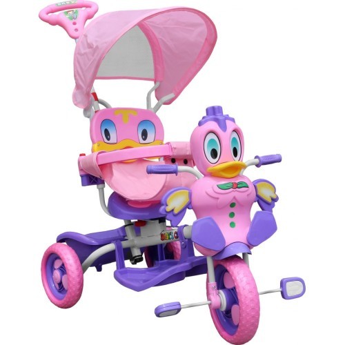 Trīsriteņu bērnu velosipēds Violetā pīle + skaņas + jumtiņš + aizsargs + kāju balsts + rokturis + grozs