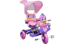 Trīsriteņu bērnu velosipēds Violetā pīle + skaņas + jumtiņš + aizsargs + kāju balsts + rokturis + grozs