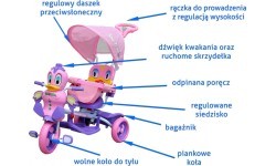 Trīsriteņu bērnu velosipēds Violetā pīle + skaņas + jumtiņš + aizsargs + kāju balsts + rokturis + grozs