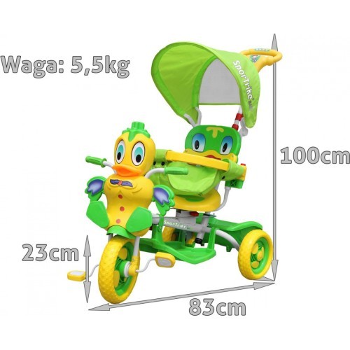 3-wheeled Green Duck Children's Bike + Sounds + Roof + Barrier + Footrest + Handle + Storage