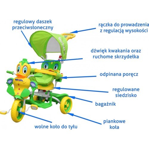 3-wheeled Green Duck Children's Bike + Sounds + Roof + Barrier + Footrest + Handle + Storage