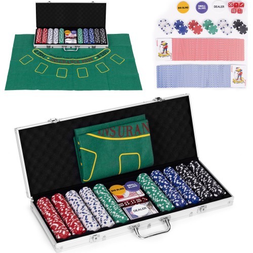 Blackjack poker set 500 chips 2 decks of dice cards game mat lockable case