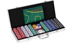 Набор для покера Blackjack, 500 фишек, 2 колоды карт, кости, игровой коврик, запирающийся кейс