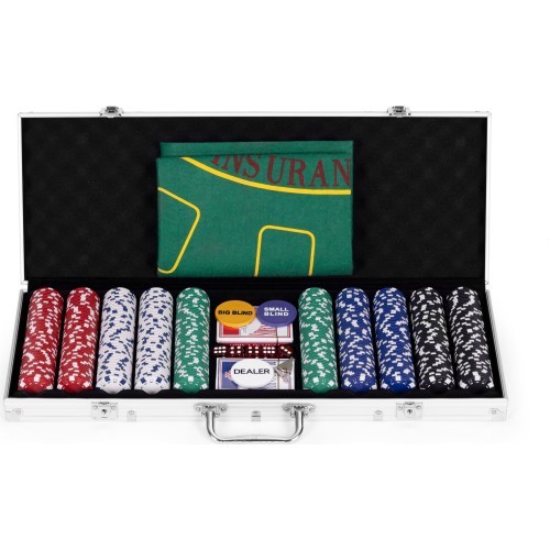 Blackjack pokera komplekts, 500 žetoni, 2 kāršu kavas, kauliņi, spēles paklājs, aizslēdzams futrālis