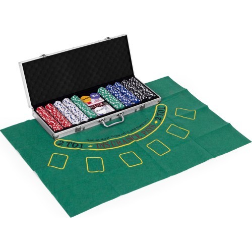 Набор для покера Blackjack, 500 фишек, 2 колоды карт, кости, игровой коврик, запирающийся кейс