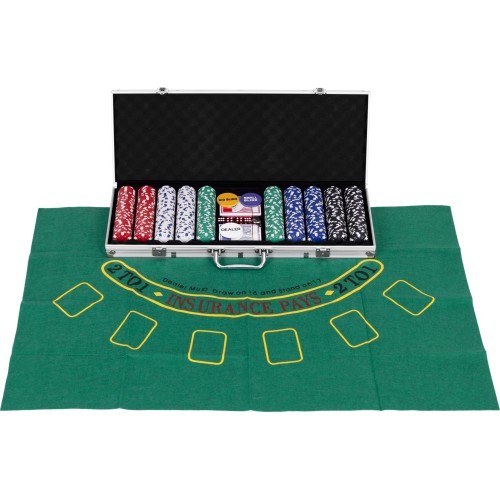 Blackjack poker set 500 chips 2 decks of dice cards game mat lockable case
