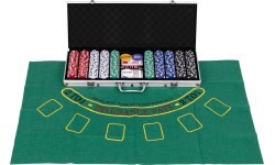 Набор для покера Blackjack, 500 фишек, 2 колоды карт, кости, игровой коврик, запирающийся кейс