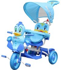 Трехколесный детский велосипед Duck Blue + звуки + крыша + барьер + подножка + ручка + хранение