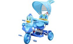 Детский трёхколёсный велосипед Duck, синий, со звуками, крышей, барьером, подставкой для ног, ручкой и отсеком для хранения