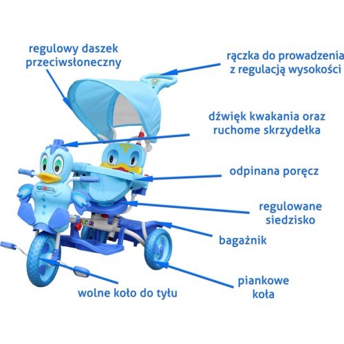 Bērnu trīsritenis Duck, zils, ar skaņām, jumtiņu, aizsargbaru, kāju balstu, rokturi un mantu nodalījumu