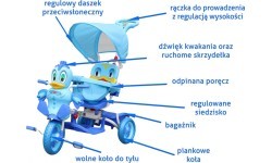 Bērnu trīsritenis Duck, zils, ar skaņām, jumtiņu, aizsargbaru, kāju balstu, rokturi un mantu nodalījumu
