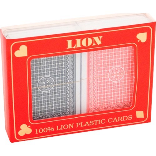 Pokera kārtis Lion 100% plastmasas, dubultās sarkanas/zilas