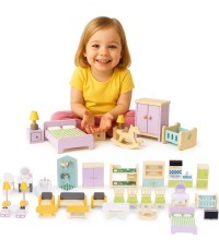 Koka leļļu mājas mēbeļu piederumu komplekts 30 gab.