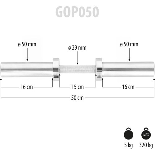 Īsais olimpiskais stienis GOP050 ar atsperu fiksatoriem, 5 kg, 50 cm, HMS